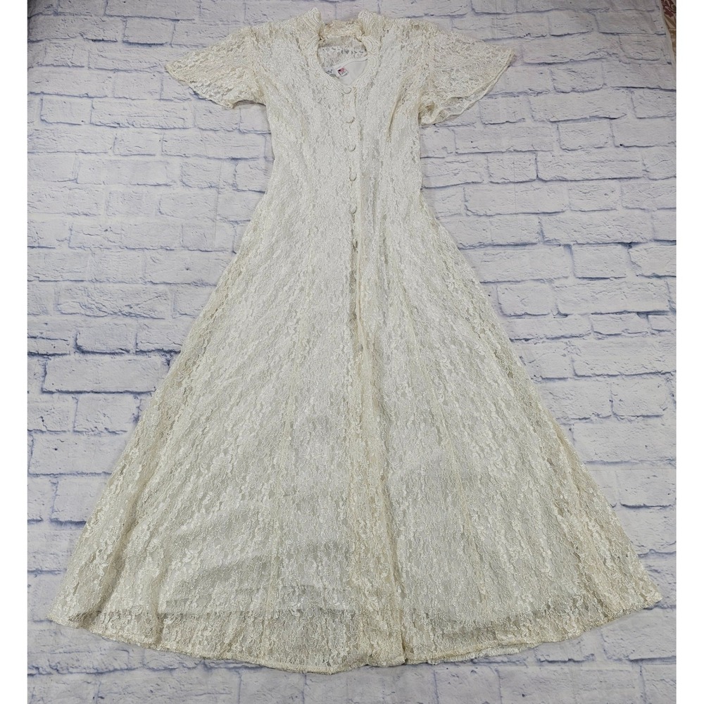 Jody California Maxi Dress Womens 13 Ivory Floral Lace Button Front Vintage USA